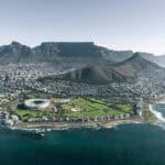 Aerial view of Cape Town with Table Mountain and coastline.